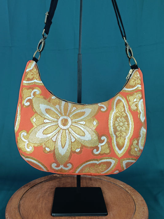Kofu sac bandoulière besace orange doré fleur écusson roue traditionnel japonais textile ancien 