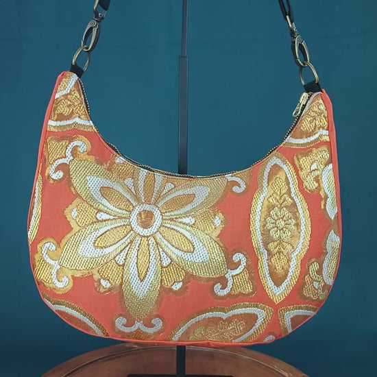 Kofu sac bandoulière besace orange doré fleur écusson roue traditionnel japonais textile ancien 