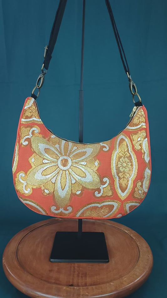 Kofu sac bandoulière besace orange doré fleur écusson roue traditionnel japonais textile ancien 
