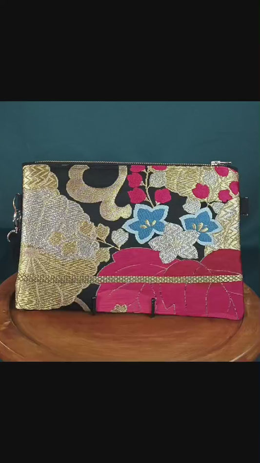 Pièce unique en tissu japonais vintage (obi). Fait main en France. Élégance, symboles japonais et upcycling textile.